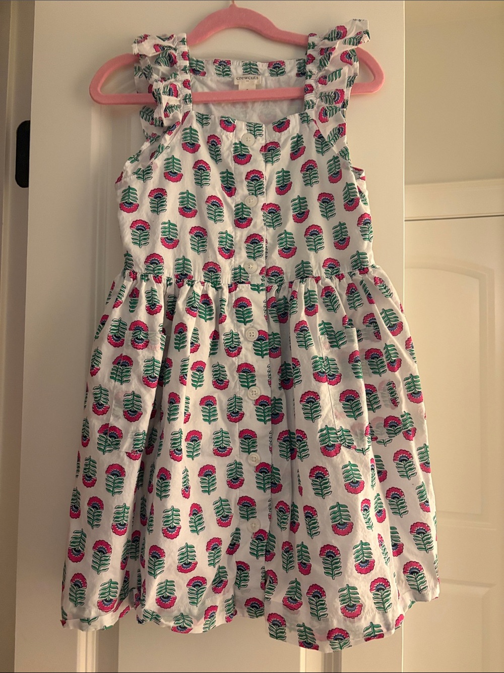 J Crew kids Childrens Floral Ruffle Strap Dress - White with Pink & Green